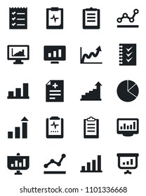 Set of vector isolated black icon - growth statistic vector, monitor, diagnosis, pulse clipboard, statistics, bar graph, pie, checklist, point, presentation
