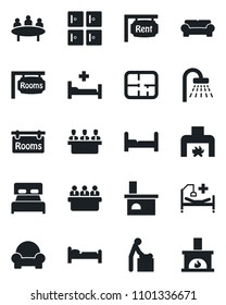 Set of vector isolated black icon - baby room vector, bed, shower, checkroom, meeting, fireplace, hospital, plan, rent, rooms, bedroom, cushioned furniture