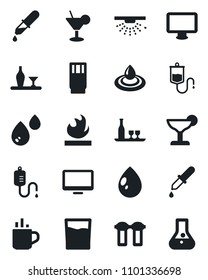 Set of vector isolated black icon - hot cup vector, water drop, dropper, flammable, monitor, alcohol, drink, cocktail, filter, sprinkler, flask