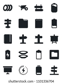 Set of vector isolated black icon - signpost vector, notepad, presentation board, wheelbarrow, battery, low, folder, charge, plates, guidepost