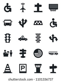 Set of vector isolated black icon - airport tower vector, plane radar, taxi, bus, parking, passport control, alarm car, border cone, disabled, route, signpost, traffic light, truck trailer