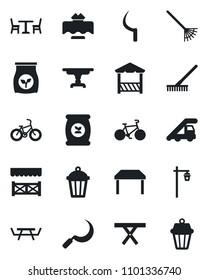 Set of vector isolated black icon - cafe vector, ladder car, rake, sickle, garden light, picnic table, fertilizer, bike, restaurant, alcove, outdoor lamp