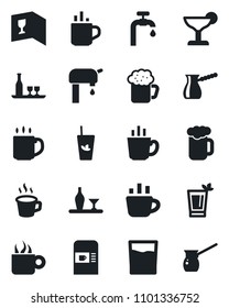 Set of vector isolated black icon - hot cup vector, coffee machine, water supply, alcohol, wine card, drink, cocktail, phyto bar, beer, turkish