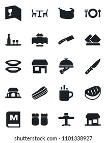 Set of vector isolated black icon - hot cup vector, cafe, alcohol, restaurant table, wine card, menu, plates, bacon, waiter, salt and pepper, building, chicken, steak, knife, serviette, storefront