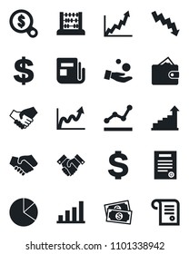 Set of vector isolated black icon - growth statistic vector, dollar sign, abacus, crisis graph, cash, news, bar, pie, point, handshake, contract, wallet, money search, investment