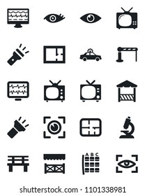 Set of vector isolated black icon - barrier vector, tv, alarm car, seat map, bench, monitor pulse, microscope, eye, torch, plan, alcove, scan