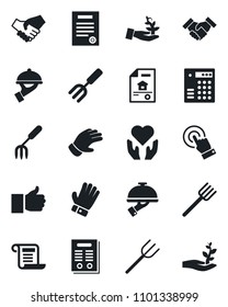 Set of vector isolated black icon - garden fork vector, farm, glove, heart hand, touch screen, finger up, handshake, contract, estate document, waiter, combination lock, palm sproute