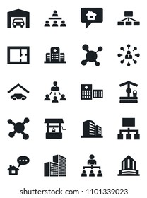 Set of vector isolated black icon - hierarchy vector, well, molecule, hospital, office building, garage, plan, home message