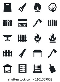 Set of vector isolated black icon - fence vector, tree, saw, fire, axe, abacus, table, alcove, cutting board