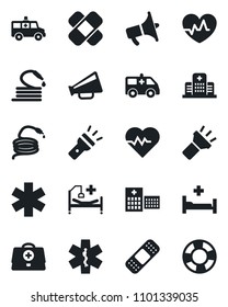Set of vector isolated black icon - hose vector, heart pulse, doctor case, patch, ambulance star, car, hospital bed, loudspeaker, torch, crisis management