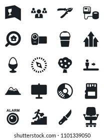 Set of vector isolated black icon - escalator vector, team, circle chart, bucket, pruner, garden knife, blood pressure, video camera, sd, compass, presentation board, career ladder, fruit tree