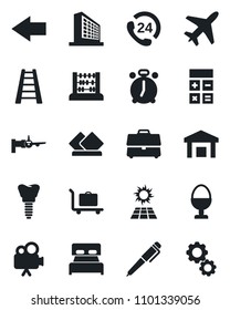 Set of vector isolated black icon - plane vector, baggage trolley, alarm clock, left arrow, boarding, office building, calculator, abacus, ladder, implant, 24 hours, warehouse, video camera, case