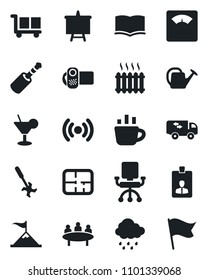 Set of vector isolated black icon - identity card vector, book, presentation board, coffee, meeting, watering can, rain, ripper, scales, cargo, video camera, jack connector, plan, moving, heater