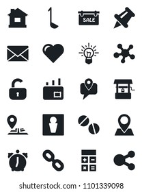 Set of vector isolated black icon - male vector, mail, calculator, house, well, heart, pills, navigation, pin, mobile tracking, share, chain, paper, alarm, sale, lock, ladle, idea, social media