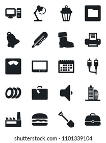 Set of vector isolated black icon - suitcase vector, job, boot, thermometer, scales, tv, rca, bell, folder, calendar, desk lamp, printer, office building, factory, plates, hamburger, pc, outdoor