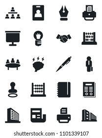Set of vector isolated black icon - stamp vector, handshake, office building, abacus, notepad, brainstorm, meeting, bulb, printer, presentation board, news, identity card, ink pen, hierarchy