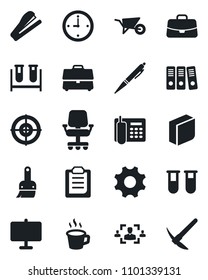 Set of vector isolated black icon - case vector, wheelbarrow, blood test vial, settings, themes, clipboard, coffee, clock, presentation board, hr, office phone, blank box, paper binder, target, pen