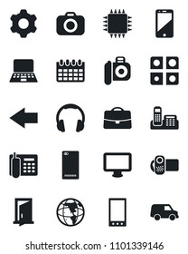 Set of vector isolated black icon - left arrow vector, notebook pc, calendar, camera, video, cell phone, headphones, monitor, mobile, back, settings, application, case, office, chip, door, earth