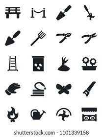 Set of vector isolated black icon - fence vector, trowel, farm fork, ripper, ladder, watering can, sproute, pruner, glove, saw, butterfly, fire, hose, bench, seeds, flower in pot, alcove