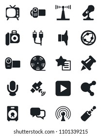 Set of vector isolated black icon - reel vector, camera, microphone, antenna, satellite, speaker, tv, video, network, dialog, share, favorites list, paper pin, play button, rca, jack connector