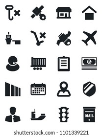 Set of vector isolated black icon - navigation vector, store, plane, satellite, cash, traffic light, support, client, sea shipping, truck trailer, term, port, clipboard, warehouse storage, hook