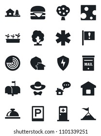 Set of vector isolated black icon - parking vector, reception bell, radar, medical room, tree, seedling, ambulance star, important flag, protect, house with, mailbox, fruit, smart home, dress code