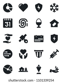 Set of vector isolated black icon - pennant vector, circle chart, heart, syringe, hand, satellite, protect, network, calendar, pie graph, house with tree, smart home, egg stand, snowflake