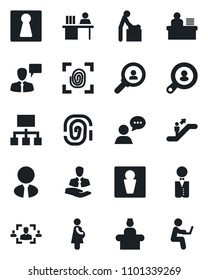 Set of vector isolated black icon - escalator vector, male, female, baby room, reception, speaking man, pregnancy, client, speaker, hr, manager desk, search, estate agent, waiter, fingerprint