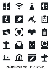 Set of vector isolated black icon - runway vector, elevator, escalator, reception, book, pulse clipboard, signpost, barcode, satellite, mail, notes, wireless, face id, identity card, information