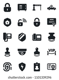 Set of vector isolated black icon - barrier vector, alarm car, stamp, safe, lock, shield, protect, estate insurance, vip zone, wireless, intercome, pass card, surveillance, fingerprint, certificate