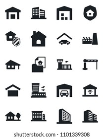 Set of vector isolated black icon - barrier vector, airport building, office, house, warehouse storage, with garage, tree, estate document, factory, insurance, gate control