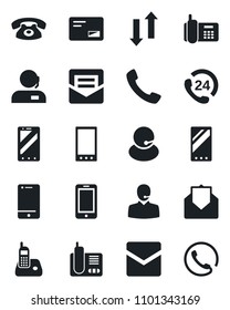 Set of vector isolated black icon - mobile phone vector, office, 24 hours, support, cell, radio, mail, call, data exchange