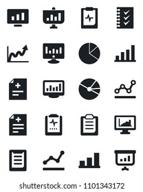 Set of vector isolated black icon - statistic monitor vector, diagnosis, pulse clipboard, statistics, bar graph, pie, checklist, point, growth, presentation