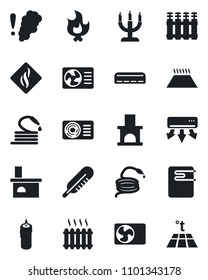 Set of vector isolated black icon - fire vector, hose, fireplace, thermometer, heater, air conditioner, candle, water, smoke detector, radiator, warm floor