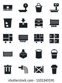 Set of vector isolated black icon - trash bin vector, checkroom, bucket, watering, truck trailer, cargo container, consolidated, package, oil barrel, heavy scales, railroad, archive box