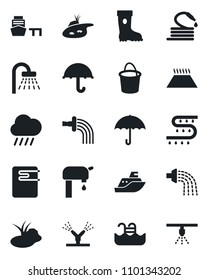 Set of vector isolated black icon - shower vector, bucket, watering, boot, rain, hose, pond, drip irrigation, sea shipping, port, umbrella, pool, water supply, heater, warm floor, sprinkler