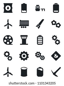 Set of vector isolated black icon - airport tower vector, gear, saw, truck trailer, sea port, flammable, oil barrel, reel, battery, low, windmill, hard work