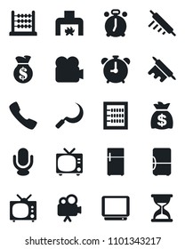 Set of vector isolated black icon - alarm clock vector, tv, money bag, sickle, video camera, microphone, call, abacus, fireplace, rolling pin, fridge, sand