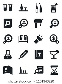 Set of vector isolated black icon - document search vector, blood test vial, thermometer, ampoule, torch, water supply, client, alcohol, wine card, cocktail, phyto bar, consumer, money, flask