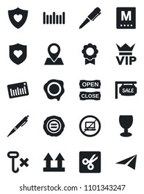 Set of vector isolated black icon - no laptop vector, vip, pen, stamp, heart shield, pin, fragile, up side sign, hook, barcode, cut, sertificate, sale, menu, open close, paper plane