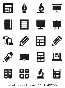 Set of vector isolated black icon - contract vector, book, calculator, abacus, notepad, presentation board, pencil, microscope, ink pen