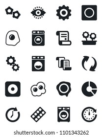 Set of vector isolated black icon - washer vector, gear, contract, circle chart, stamp, pills blister, rec button, update, record, eye id, flower in pot, omelette, clock