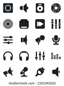 Set of vector isolated black icon - vinyl vector, microphone, speaker, loudspeaker, settings, equalizer, headphones, fast forward, hdmi, tuning, record, sound