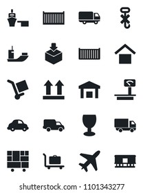 Set of vector isolated black icon - plane vector, baggage trolley, sea shipping, cargo container, car delivery, port, consolidated, fragile, warehouse storage, up side sign, no hook, package