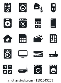 Set of vector isolated black icon - washer vector, calculator, monitor, speaker, phone back, sim, smart home, credit card, control, remote, router