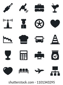 Set of vector isolated black icon - airport bus vector, waiting area, border cone, fertilizer, heart, plane, fragile, antenna, satellite, jack connector, case, calculator, cook, restaurant table