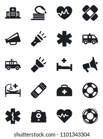 Set of vector isolated black icon - hose vector, heart pulse, doctor case, patch, ambulance star, car, hospital bed, loudspeaker, torch, crisis management
