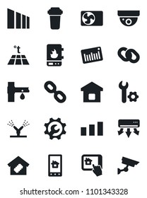 Set of vector isolated black icon - drip irrigation vector, sorting, barcode, chain, root setup, air conditioner, smart home, water heater, control app, filter, warm floor, surveillance