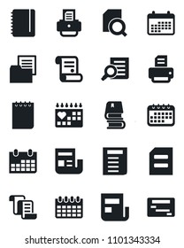 Set of vector isolated black icon - contract vector, document search, notepad, calendar, printer, medical, folder, news, book, schedule