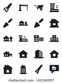 Set of vector isolated black icon - barrier vector, airport building, office, trowel, wheelbarrow, saw, house, hospital, with garage, tree, sweet home, city, message